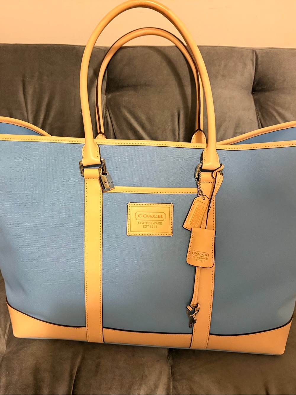 COACH Blue Tote with Tan Leather Trim